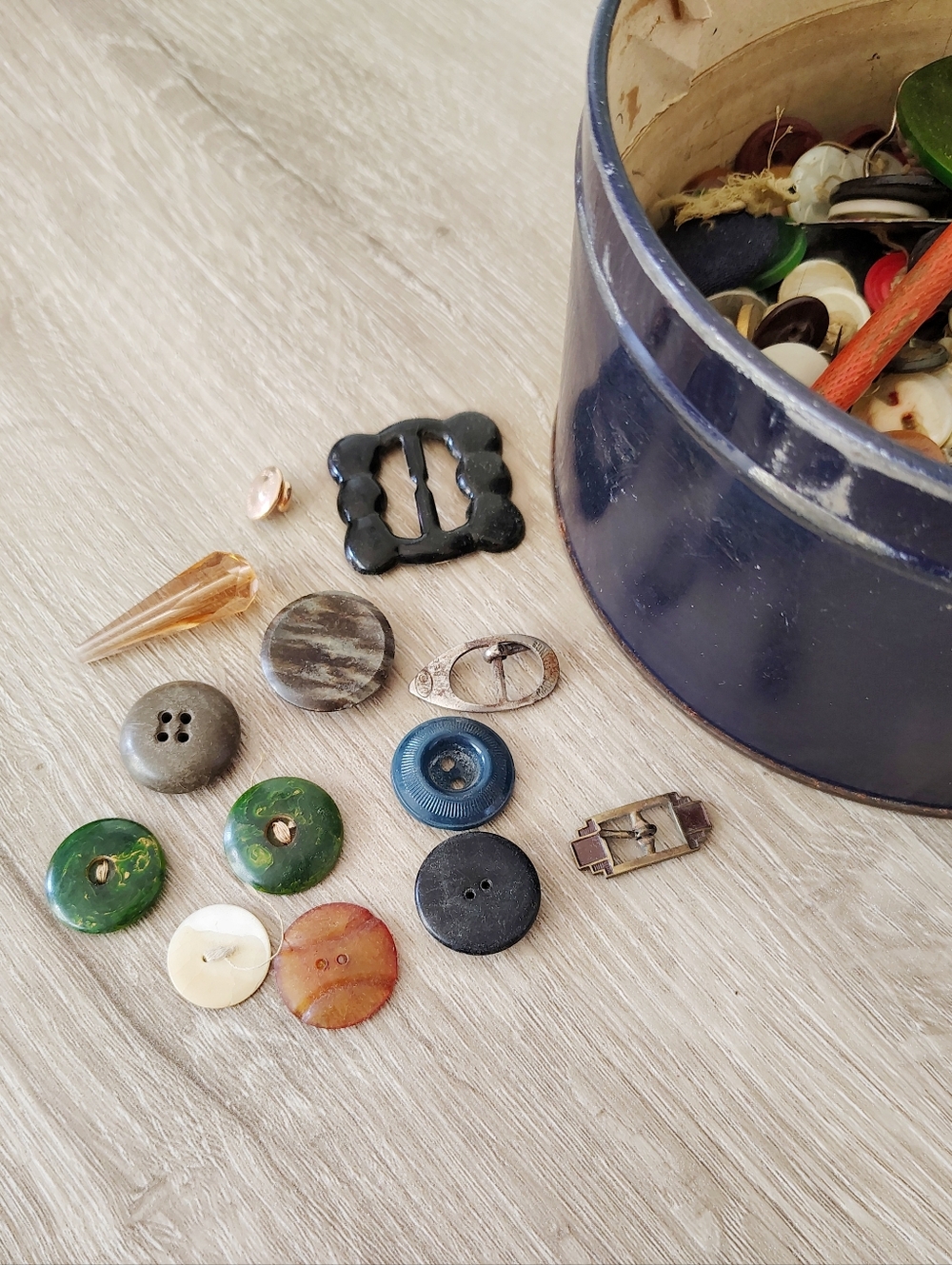 Antique and Vintage Buttons, Buckles, and More Collection in Vintage Tin